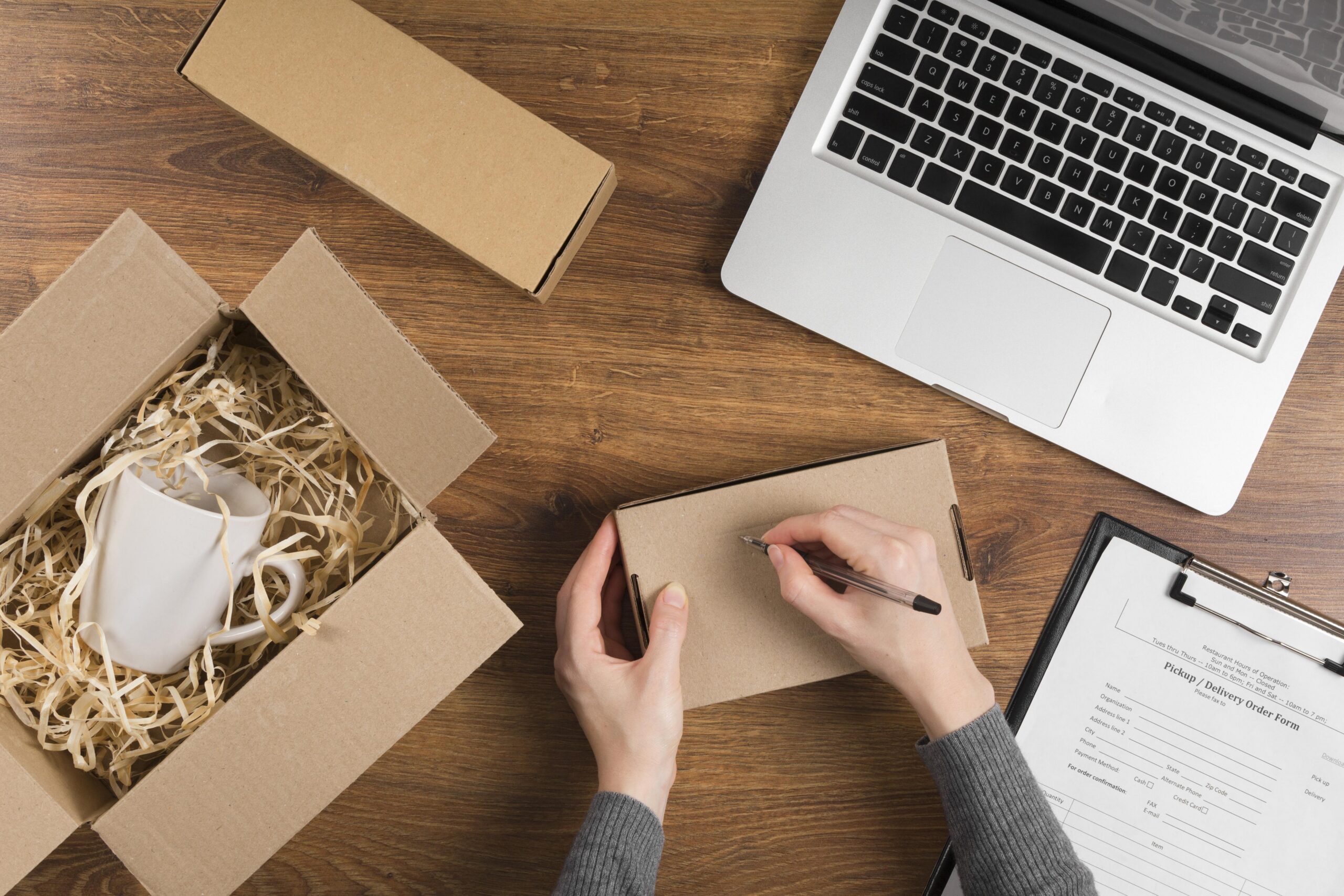Woman preparing branded product packaging for retail and online sales